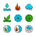 Ayurvedic elements water, fire, air, earth and ether icons isolated on white