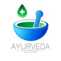 Ayurvedic Creative vector logotype or symbol. Mortar and pestle concept for ayurveda, business, medicine, therapy