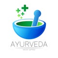 Ayurvedic Creative vector logotype or symbol. Mortar and pestle concept for business, medicine, therapy, pharmacy