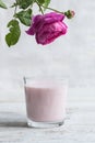 Ayurvedic drink pink milk or matcha. A glass of refreshing cocktail stands on a wooden white background. Nearby lies a Royalty Free Stock Photo