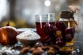 Ayurvedic face pack of pomegranate with some crushed almonds and its oil,rice flour, to cure wrinkles. On wooden surface With raw Royalty Free Stock Photo