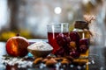 Ayurvedic face pack of pomegranate with some crushed almonds and its oil,rice flour, to cure wrinkles. On wooden surface With raw Royalty Free Stock Photo