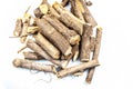 Ayurvedic herb Licorice root or Mulethi or Liquorice isolated on white.