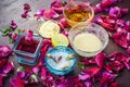 Ayurvedic herbal facial or face pack`s ingredients i.e. Rose syrup,rose petals,honey,lemon,lemon and gram flour.This face pack imp