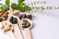 Ayurvedic medicine concept. Close-up shot of ayurvedic medicine tablets and capsules in wooden spoons with assorted Indian Spices Royalty Free Stock Photo