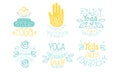 Ayurvedic Medicine Studio Labels Set, Enjoy Yoga Harmony Meditation Studio Hand Drawn Badges Vector Illustration