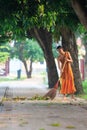 AYUTHAYA THAILAND : MARCH 28 : thai buddhist monk daily cleaning