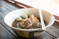 Ayutthaya Boat Noodle,Pork noodles mixed with pig`s blood dissolve in soup