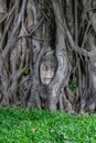 Ayutthaya Buddha Head statue with trapped in Bodhi Tree roots at Wat Maha That, Ayutthaya historical park Royalty Free Stock Photo