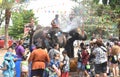 elephant splashing water between tourist in Songkarn festival