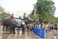 elephant splashing water between tourist in Songkarn festival