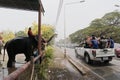 AYUTTHAYA, THAILAND - APRIL 16,2023 : Elephants to spray water for Thai people and foreigner traveler join with Songkran Festival.