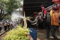 AYUTTHAYA, THAILAND - APRIL 16,2023 : Elephants spray water for Thai people and foreigner traveler join with Songkran Festival.