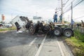 AYUTTHAYA, THAILAND - JULY 06: Rescue forces in a deadly car accident scene on July 06 2014. Road accident coupe gray hit the SUV