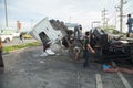 AYUTTHAYA, THAILAND - JULY 06: Rescue forces in a deadly car accident scene on July 06 2014. Road accident coupe gray hit the SUV