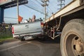 AYUTTHAYA, THAILAND - JULY 06: Rescue forces in a deadly car accident scene on July 06 2014. Road accident coupe gray hit the SUV