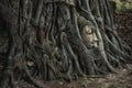 Ayutthaya Thailand - 27 March 2018 : Head of the sandstone Buddha in Bodhi Tree roots , Wat Mahathat , Ayutthaya Historical Park Royalty Free Stock Photo