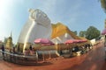 Thai Buddhists Paste gold leaf on the largest Reclining Buddha.