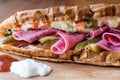 Ayvalik Toast / Salami Sandwich with Russian Salad and pickle copy space Royalty Free Stock Photo