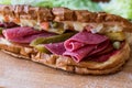 Ayvalik Toast / Salami Sandwich with Russian Salad and pickle Royalty Free Stock Photo