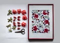 Azalea flowers and buds prepared for the pressed against the background of a botanical picture, a herbarium of dried