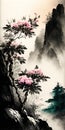 Majestic Mountain View with Azalea Flowers, AI Generative