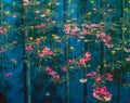 Azalea petals and yellow flowers float on a swamp in Louisiana