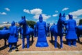 Bright blue Xian terracotta army pieces decorating a park at Bacalhoa vineyards in Azeitao, Portugal