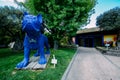 Bright blue Xian terracotta army pieces decorating a park at Bacalhoa vineyards in Azeitao, Portugal