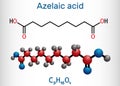 Azelaic acid, AzA, nonanedioic acid molecule. It is saturated dicarboxylic acid, is effective against a number of skin Royalty Free Stock Photo