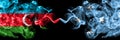 Azerbaijan, Azerbaijani vs Micronesia, Micronesian smoky mystic flags placed side by side. Thick colored silky abstract smoke