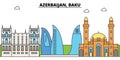 Azerbaijan, Baku outline city skyline, linear illustration, banner, travel landmark, buildings silhouette,vector