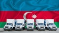 Azerbaijan flag in the background. Five new white trucks are parked in the parking lot. Truck, transport, freight transport.