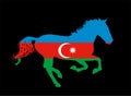 Azerbaijan flag over elegant racing horse in gallop vector silhouette illustration isolated on black background. Royalty Free Stock Photo