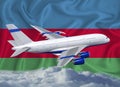 Azerbaijan flag with white airplane and clouds. The concept of tourist international passenger transportation