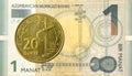 20 azerbaijani qepik coin against 1 azerbaijani manat bank note Royalty Free Stock Photo
