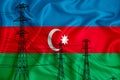 Azerbaycan flag in the background Conceptual illustration and silhouette of a high voltage power line in the foreground a symbol