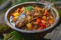 Azeri Syrdak with Sea Bass, , Homemade Asian Seafood Dish, Vegetables and Leek on Natural Moss Royalty Free Stock Photo
