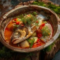 Azeri Syrdak with Sea Bass, , Homemade Asian Seafood Dish, Vegetables and Leek on Natural Moss