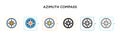 Azimuth compass vector icon in 6 different modern styles. Black, two colored azimuth compass icons designed in filled, outline,