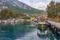 Azmak river with boats in Akyaka, Mugla