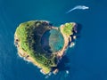 Azores aerial panoramic view. Top view of Islet of Vila Franca do Campo. Crater of an old underwater volcano. San Miguel island, A