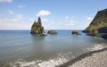 Azores coastline landscape with pebble beach in Flores island. P