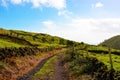 Azores Countryside Scene, Rural Landscape, Green Lush Grass, Colorful Flowers, Cobblestone Walls, Dirt Road, Travel Portugal