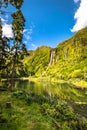 Azores landscape with waterfalls and cliffs in Flores island. Portugal.