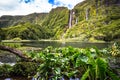 Azores landscape with waterfalls and cliffs in Flores island. Portugal.