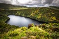 Azores landscape with lake in Flores island. Caldeira Funda. Portugal. Horizontal Royalty Free Stock Photo