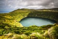 Azores landscape with lake in Flores island. Caldeira Funda. Portugal. Horizontal Royalty Free Stock Photo