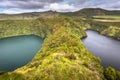 Azores landscape with lakes in Flores island. Caldeira Comprida Funda. Portugal Royalty Free Stock Photo