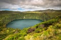 Azores landscape with lake in Flores island. Caldeira Funda. Portugal. Horizontal Royalty Free Stock Photo